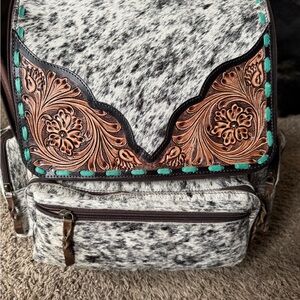 Cowhide Backpack with Tooled Leather Accents